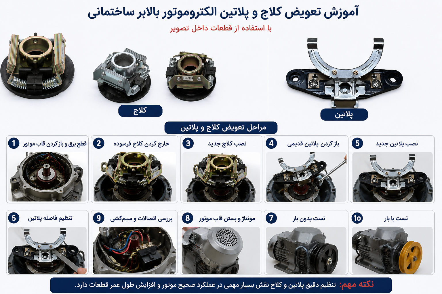 آموزش تعویض کلاچ و پلاتین الکتروموتور بالابر ساختمانی به‌صورت مرحله‌به‌مرحله همراه با معرفی قطعات اصلی