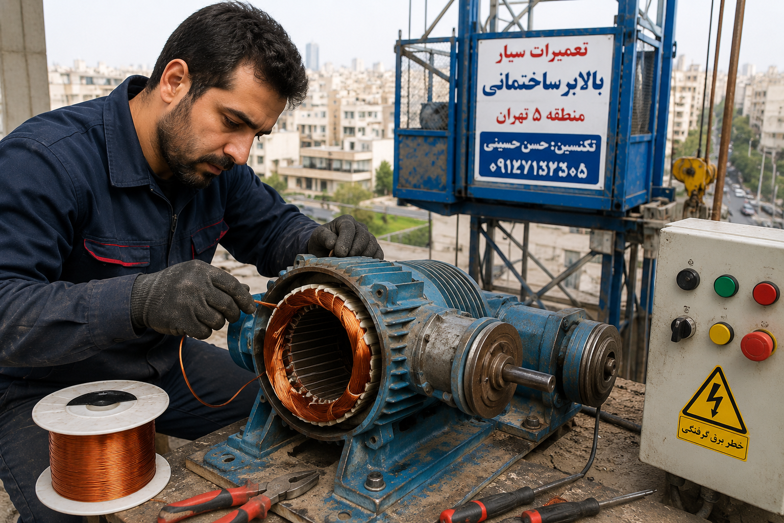 تکنسین تعمیرات سیار بالابر ساختمانی در حال سیم‌پیچی الکتروموتور در منطقه ۵ تهران