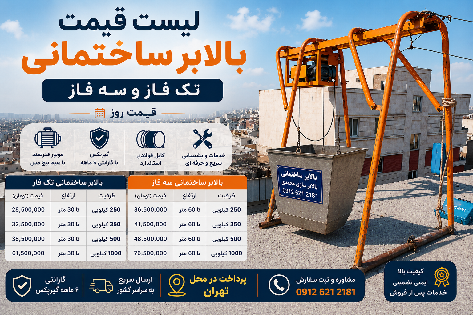 لیست قیمت بالابر ساختمانی تک فاز و سه فاز ۲۵۰، ۳۵۰، ۵۰۰ و ۱۰۰۰ کیلویی