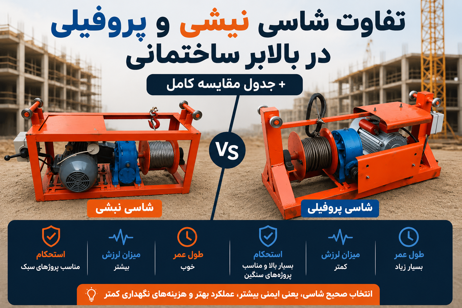 مقایسه شاسی نبشی و شاسی پروفیلی در بالابر ساختمانی از نظر استحکام، لرزش، دوام و کاربرد